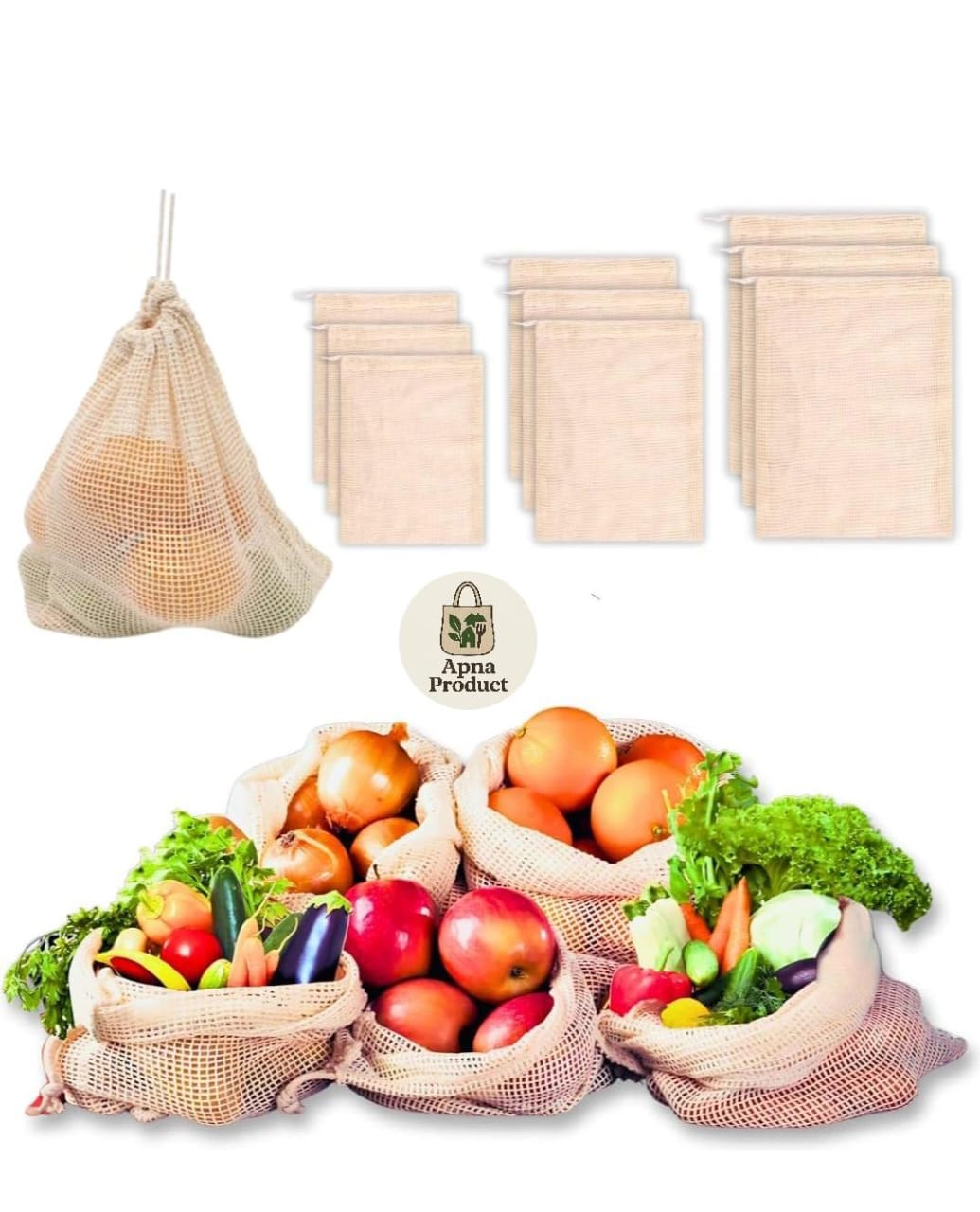 NATURAL COTTON WHITE VEGETABLES BAGS FOR FRIDGE STORAGE