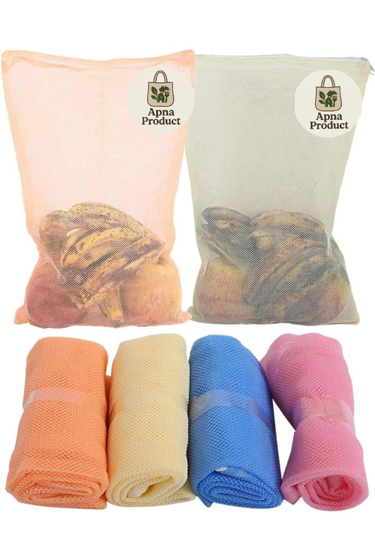 NYLON REUSABLE MESH FRIDGE BAGS FOR STORAGE OF FRUITS & VEGETABLES